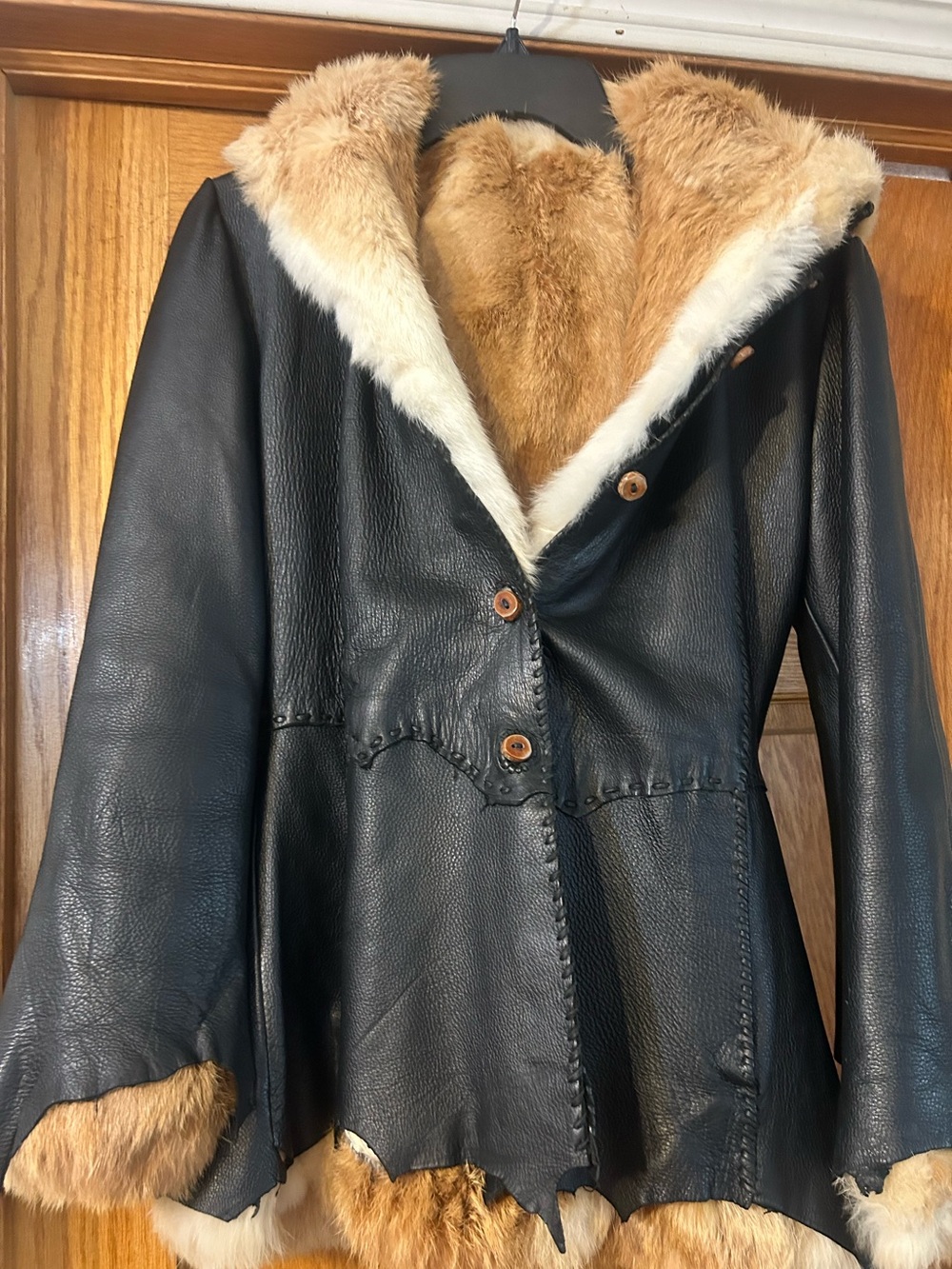 Black Leather Coat with Tan Rabbit Fur Trim - Women's Jacket 70’s